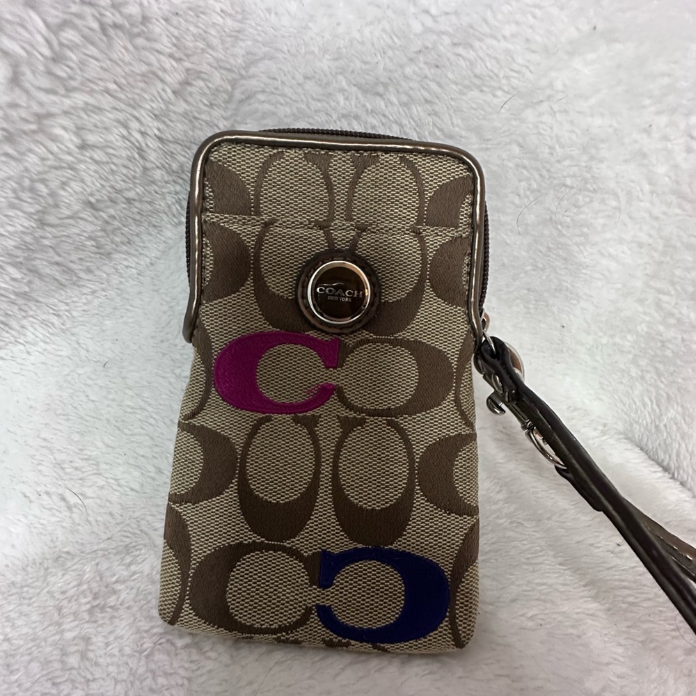 Coach Brown Wristlet with Pink and Blue Accents